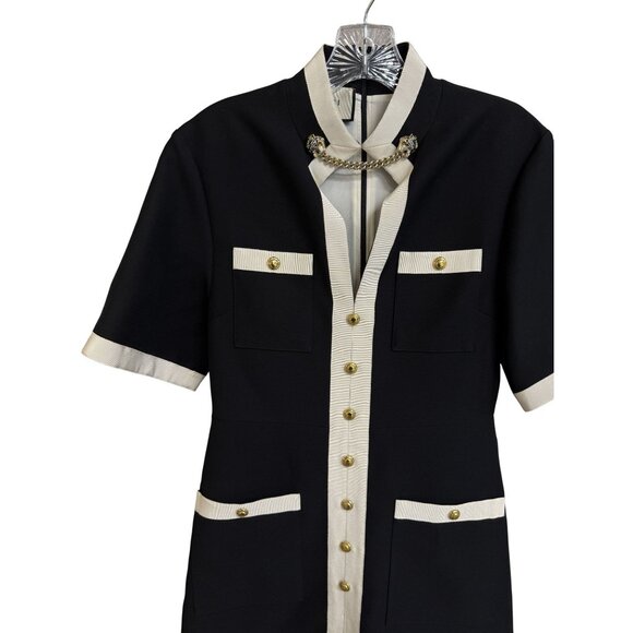Gucci Womens Black & White Short-Sleeve Button-Up Blazer Dress With Gold Accent - Picture 6 of 16
